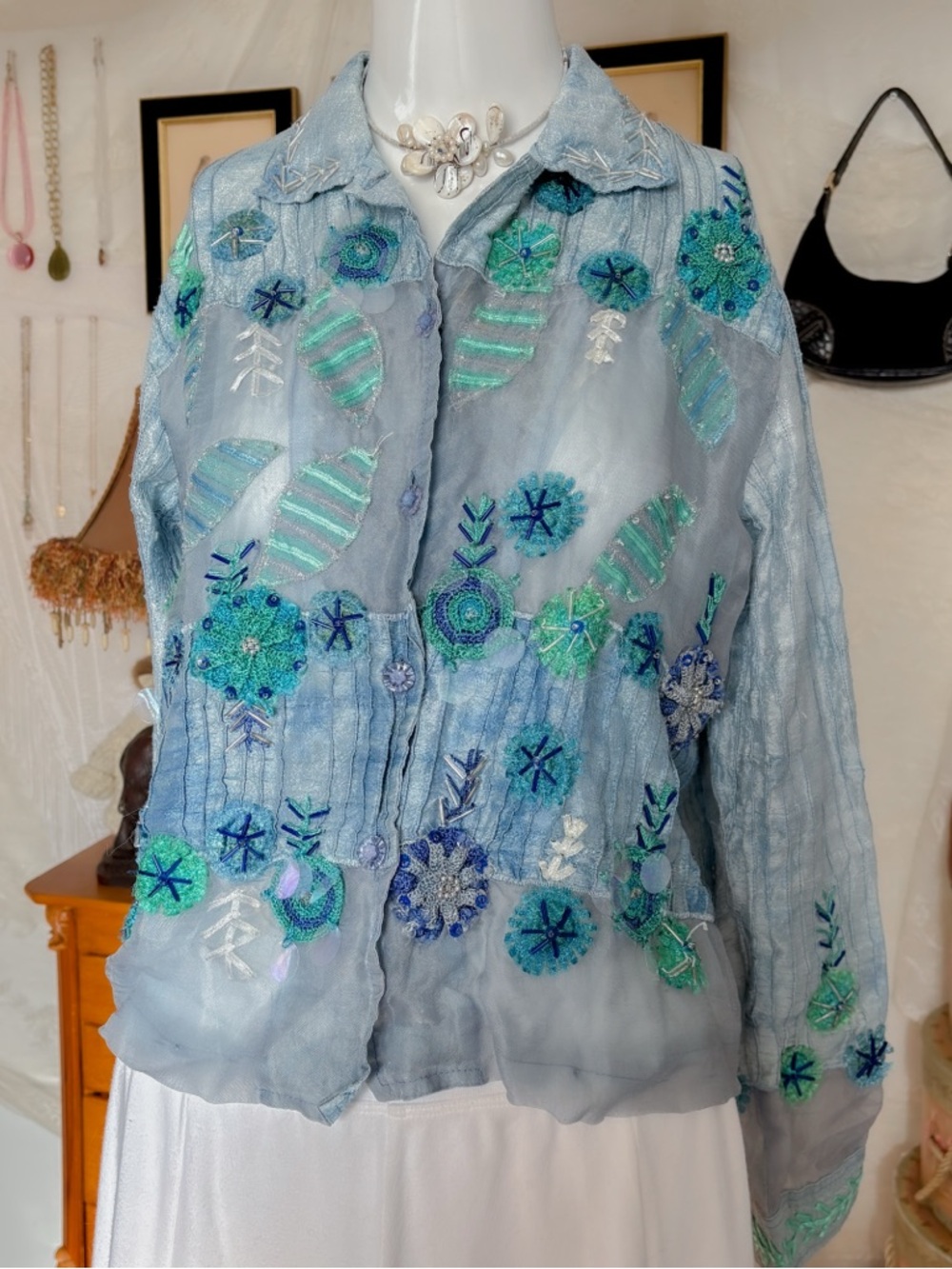 Whimsy fairy mermaid vintage girly silk beaded sequin embroidered blouse - Picture 2 of 7